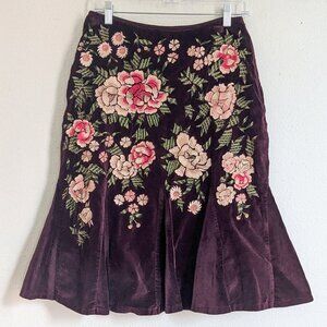 Odille for Anthropologie Embroidered Velvet Skirt | Size 4 | Burgundy | Floral